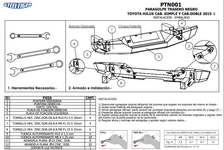 PARAGOLPES TRASERO MARCA STEEL TIGER - PARA TOYOTA HILUX VIGO 2005-2015