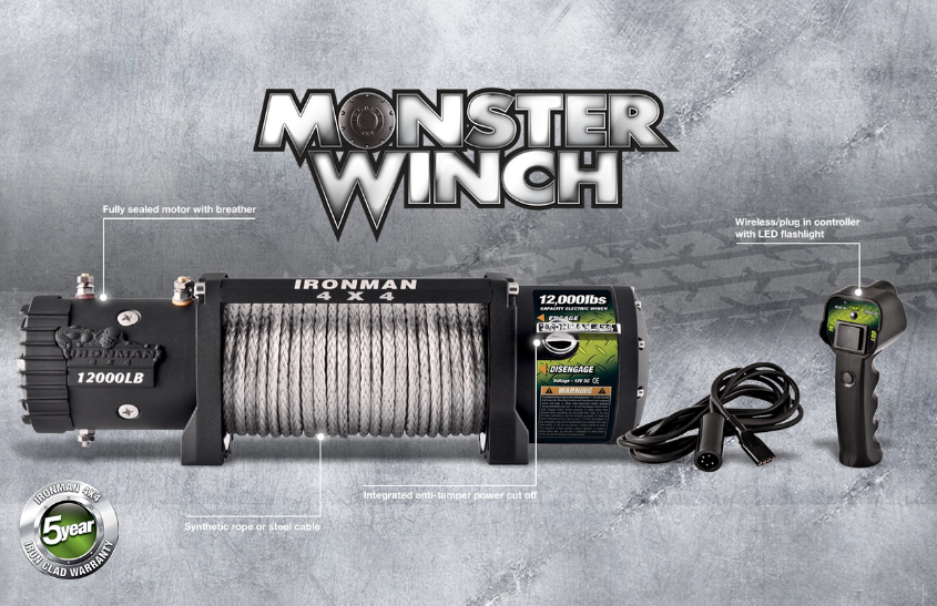 WINCH ELÉCTRICO 12V  MARCA IRONMAN DE 12000LB CON CABLE SINTÉTICO