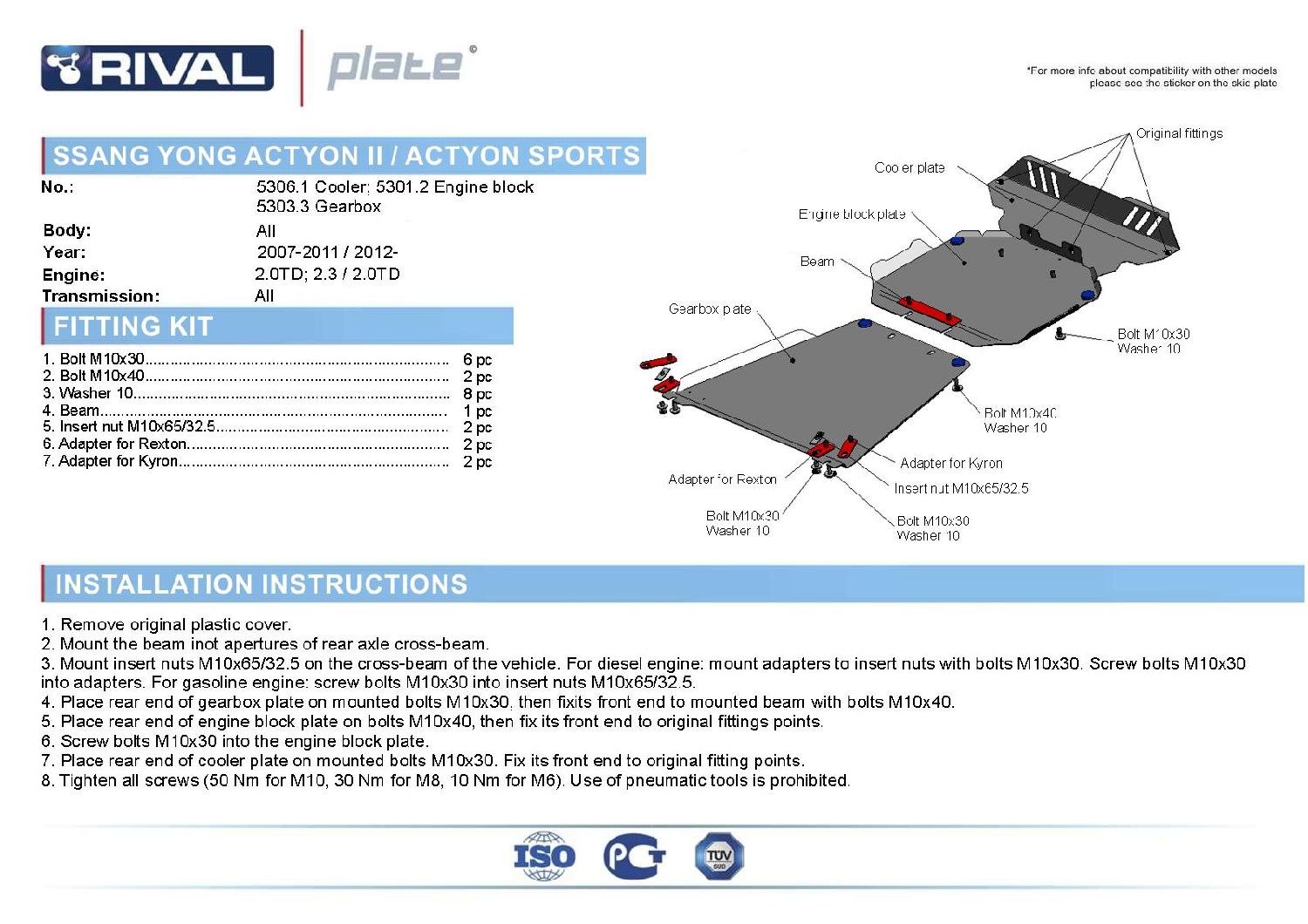 SKID PLATES MARCA RIVAL - PARA SSANGYONG ACTYON SPORT  (ESTANQUE DE COMBUSTIBLE)