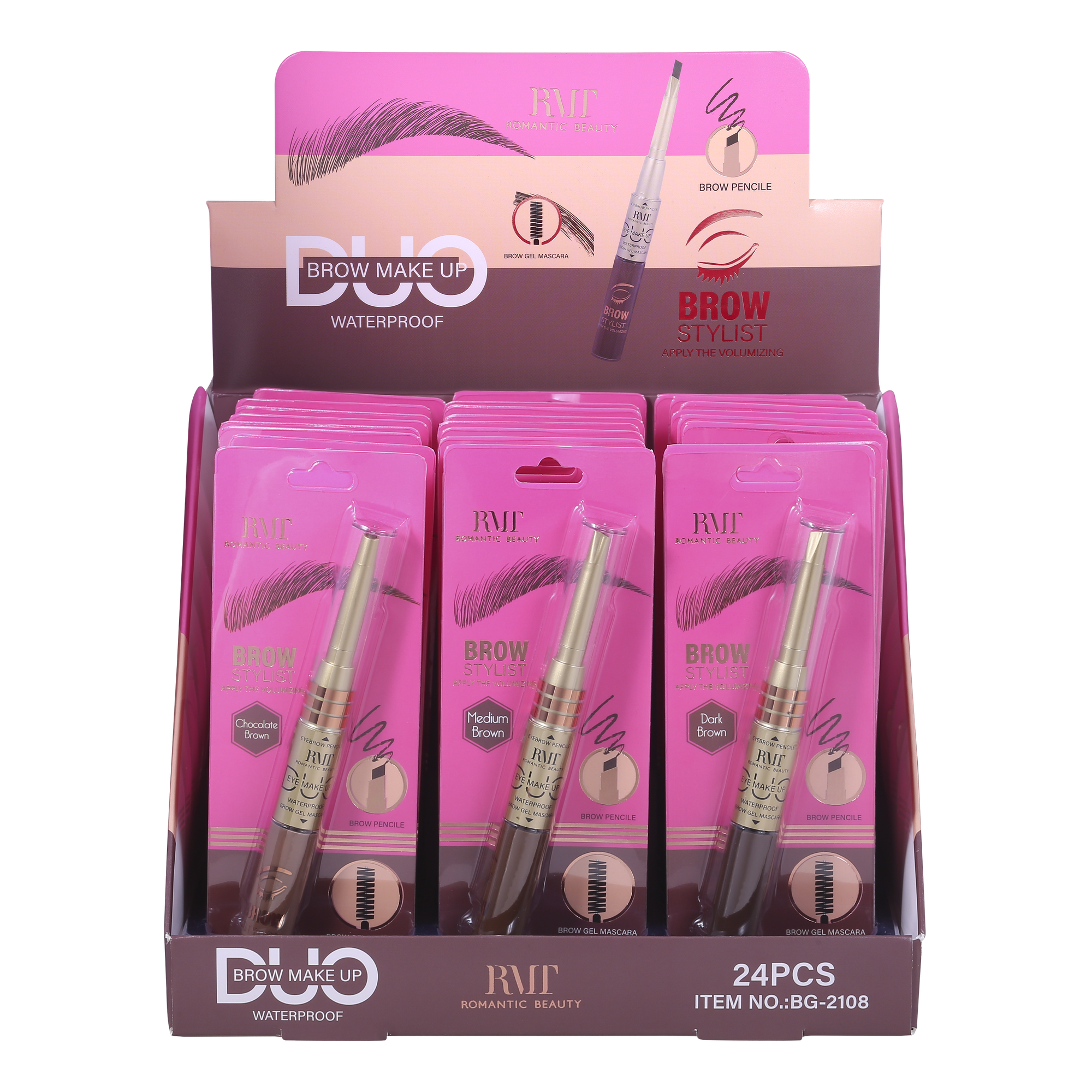 Pack 24 unidades  GEL DE CEJAS Y LAPIZ RETRACTIL DUO 2 EN 1