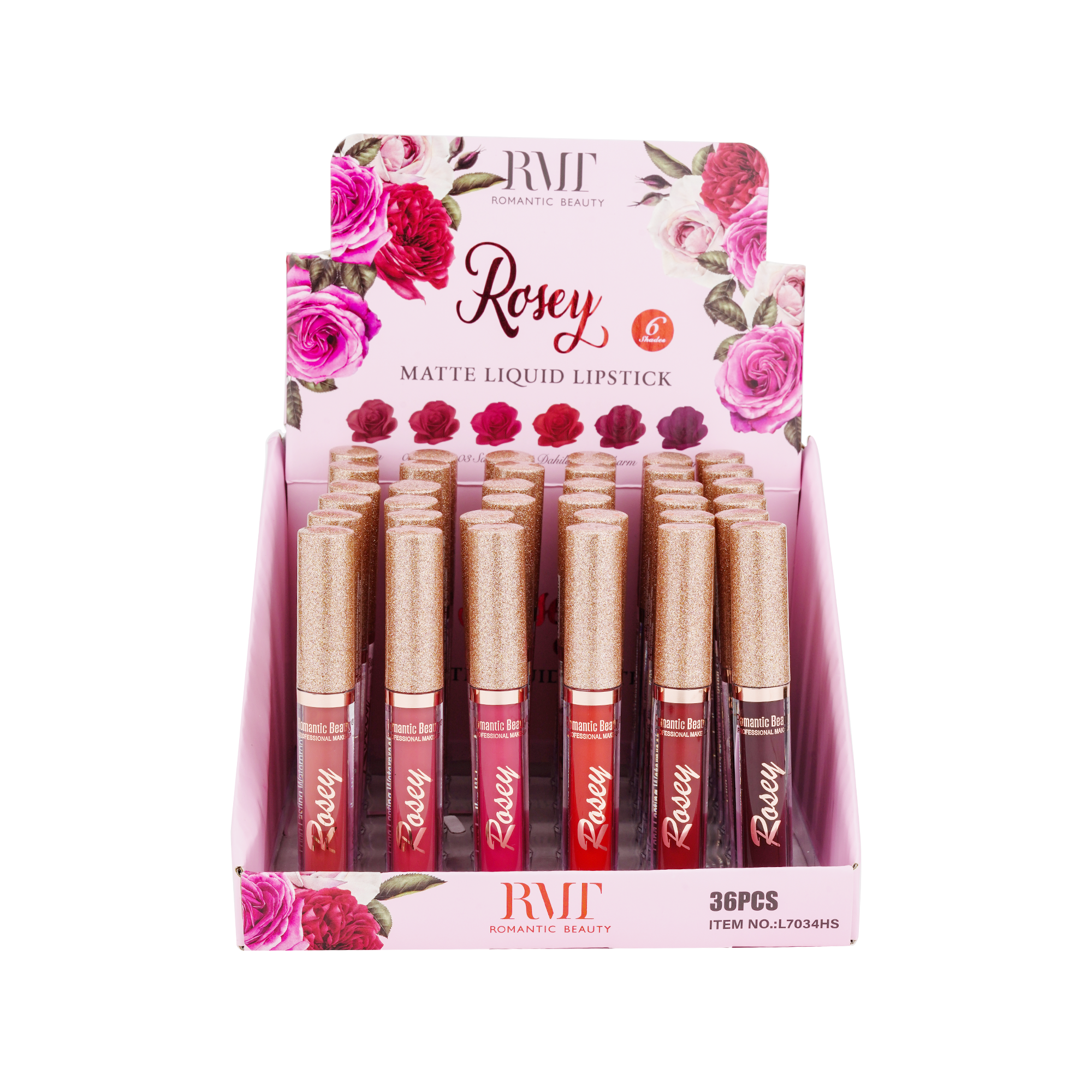 PACK 36 UNIDADES LABIALES 6 TONOS ROJOS SURTIDOS "ROSEY"