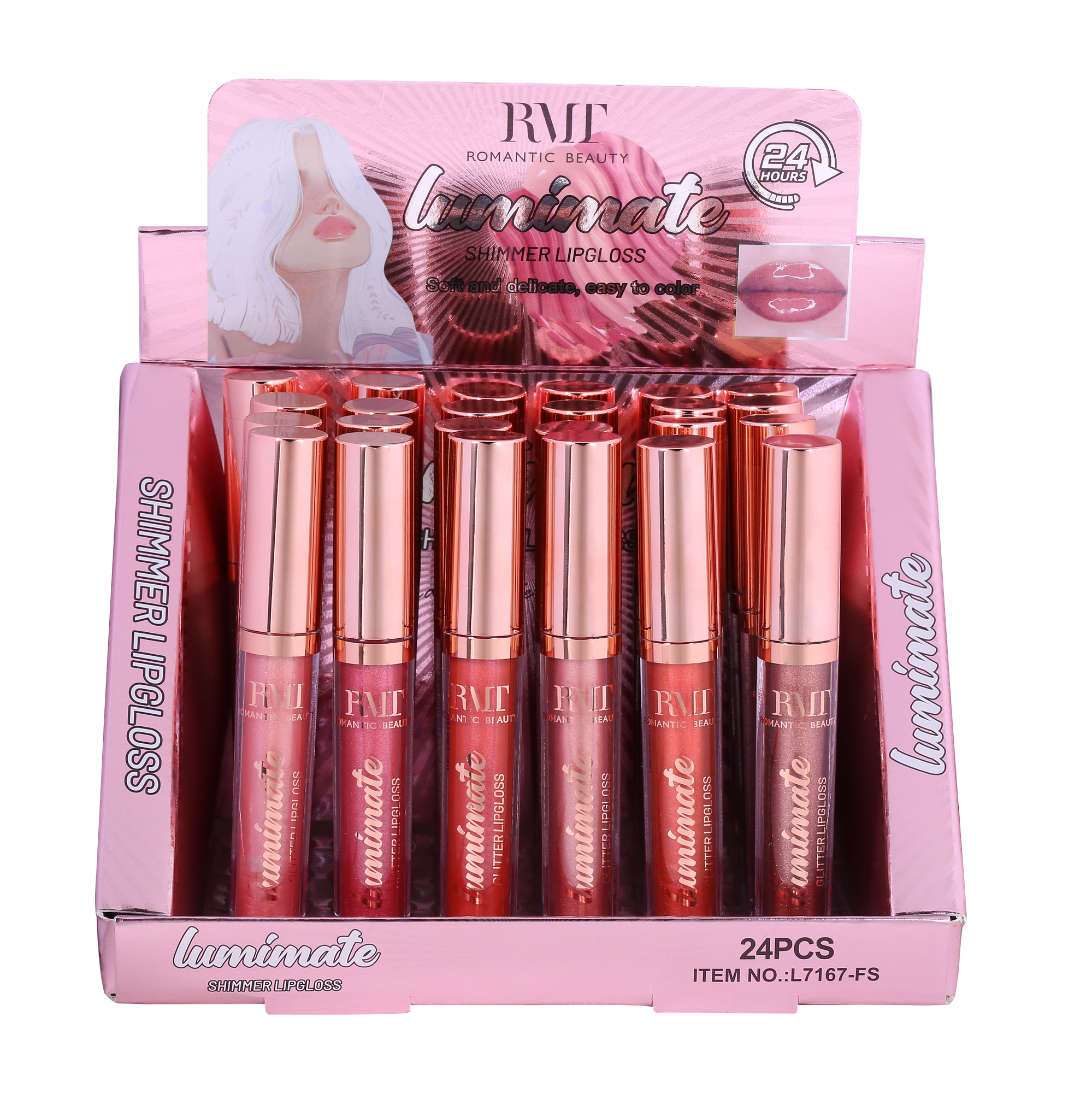 PACK 24 UNIDADES LABIALES CON DESTELLOS 6 TONOS SURTIDOS NUDE "LUMINATE"