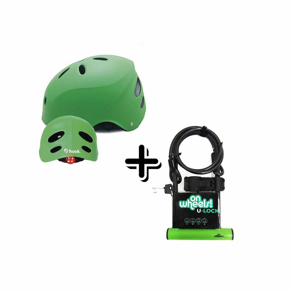 Casco Street Hook Con Luz Verde +U-Lock Ow Largo Con Piola y Soporte -