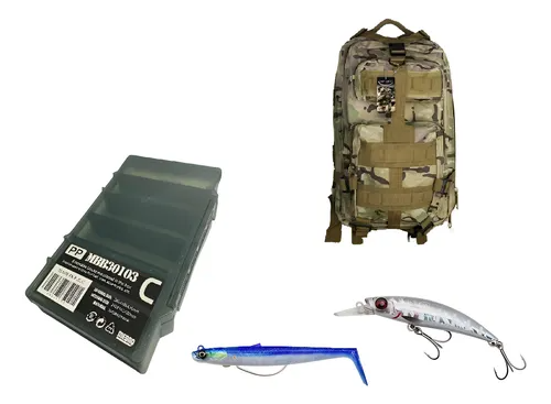Kit Pesca FW - Mochila Abr Baric Coyote - Caja Mebao 30103 - Salmo Hornet 40 LCR - Shimano Flugel Flat Yam