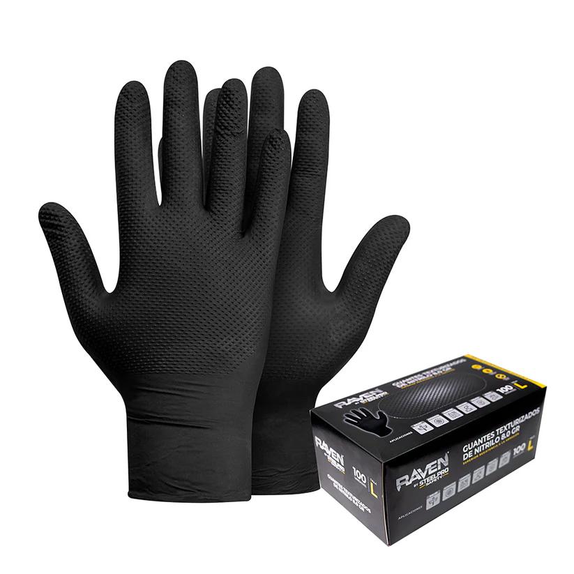 Guante nitrilo texturizado negro 8.0gr raven 100uds