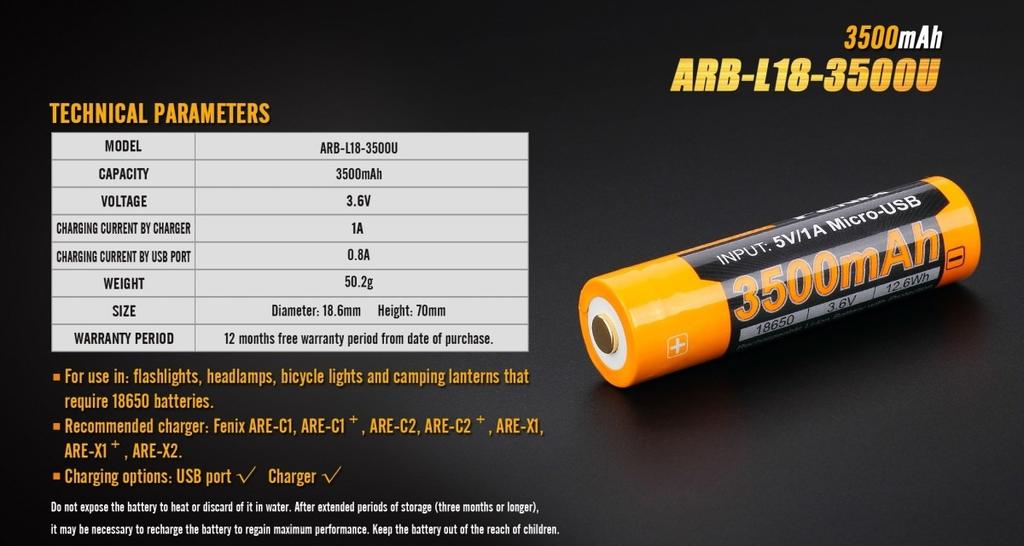 Batería Recargable 18650 / 3500mAh ARB-L18-3500U -