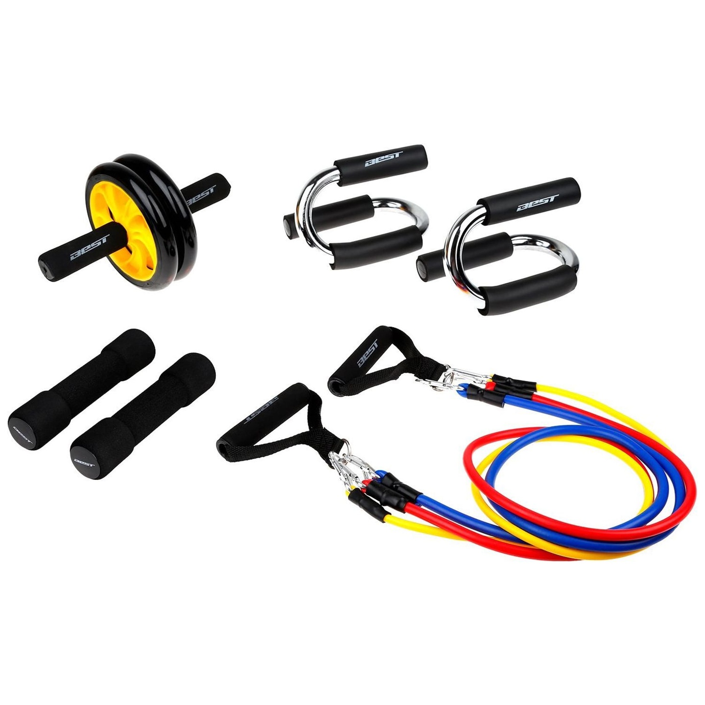 Set de Fitness Best con Mancuernas, Bandas, Rueda Abdominal y Apoyos