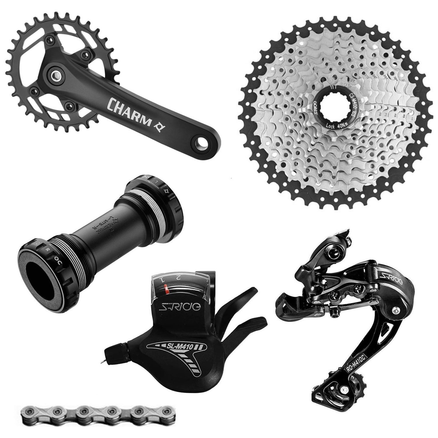 Grupo de Transmisión S-Ride 1x10V 11-46T (Cassette, Cambio, Manilla, Cadena y Volante)
