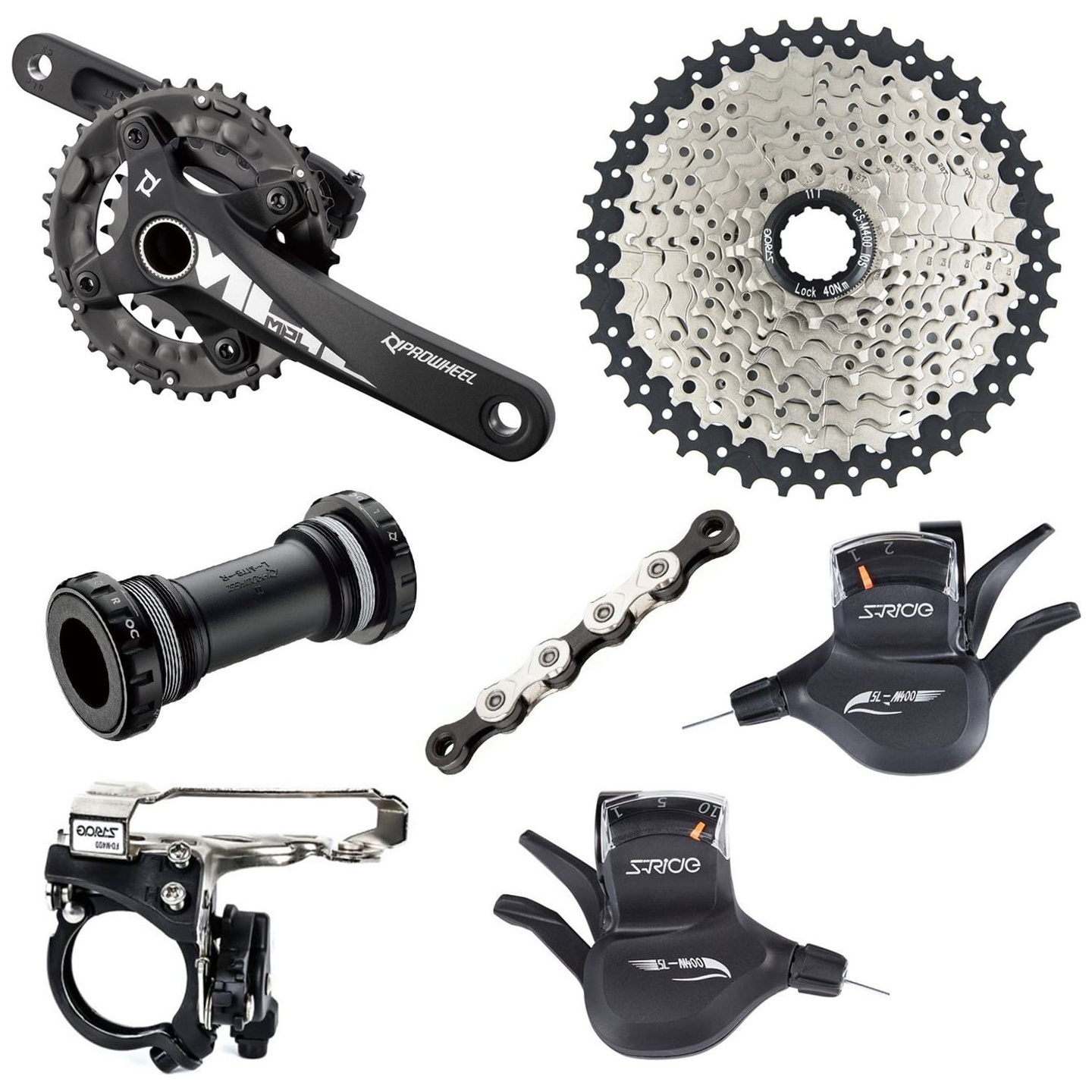 Grupo de Transmisión S-Ride 2x10V 11-42T (Cassette, Cambio, Manillas, Desviador, Cadena y Volante)
