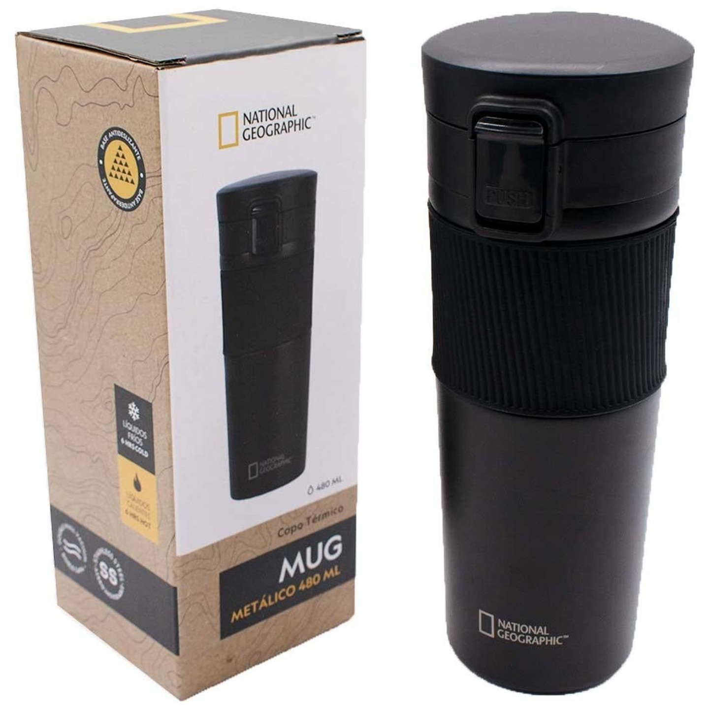 Mug Acero Inoxidable Tapa con Pulsador y Antideslizante 480ml