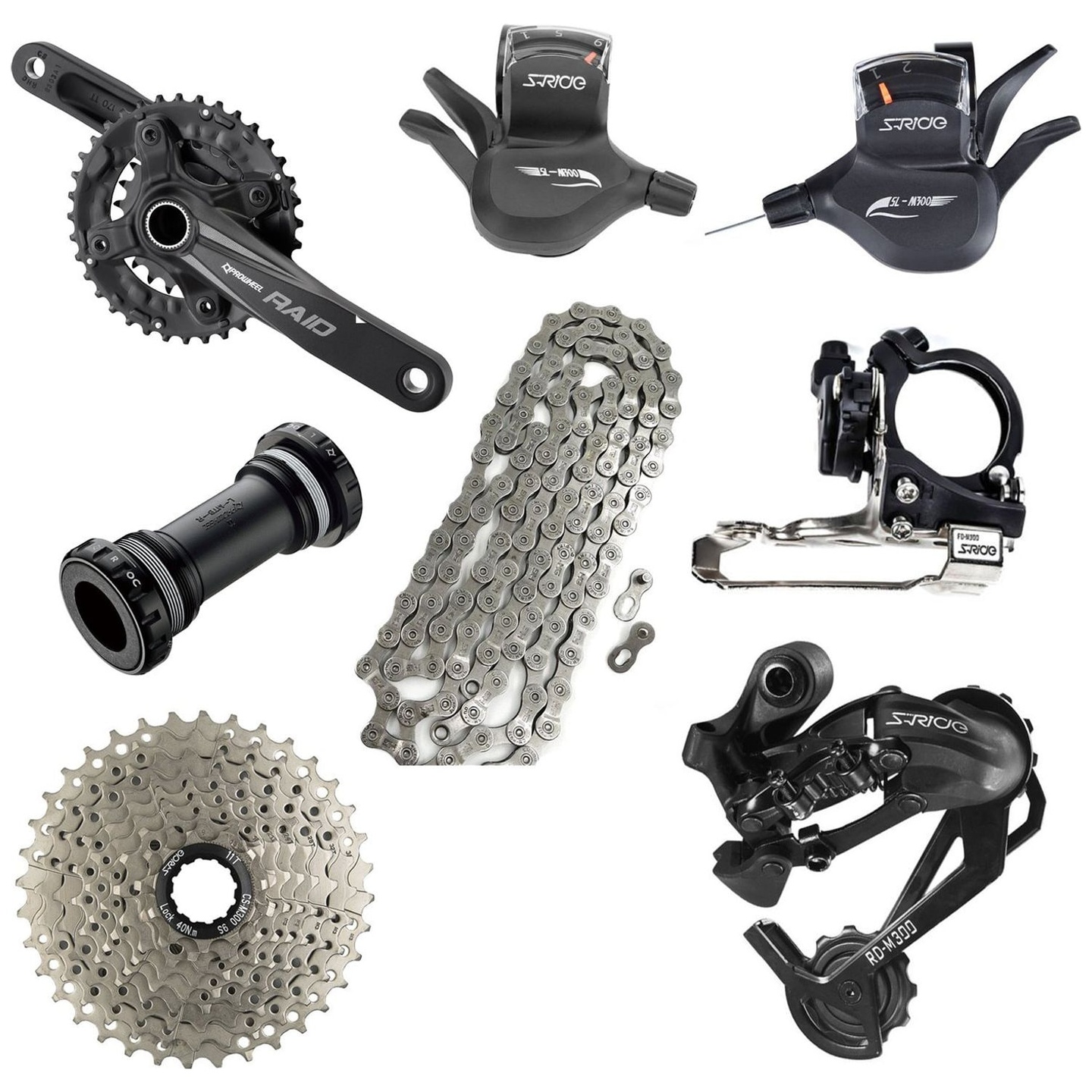 Grupo de Transmisión S-Ride 2x9V 11-40T (Cassette, Cambio, Manillas, Desviador, Cadena y Volante)