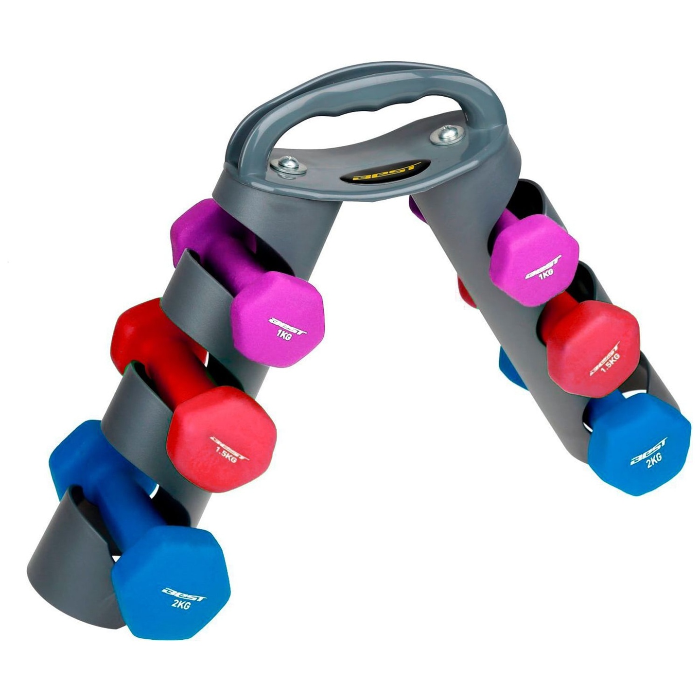 Set de Mancuernas de Neopreno Best 1-1,5-2 kg con Soporte