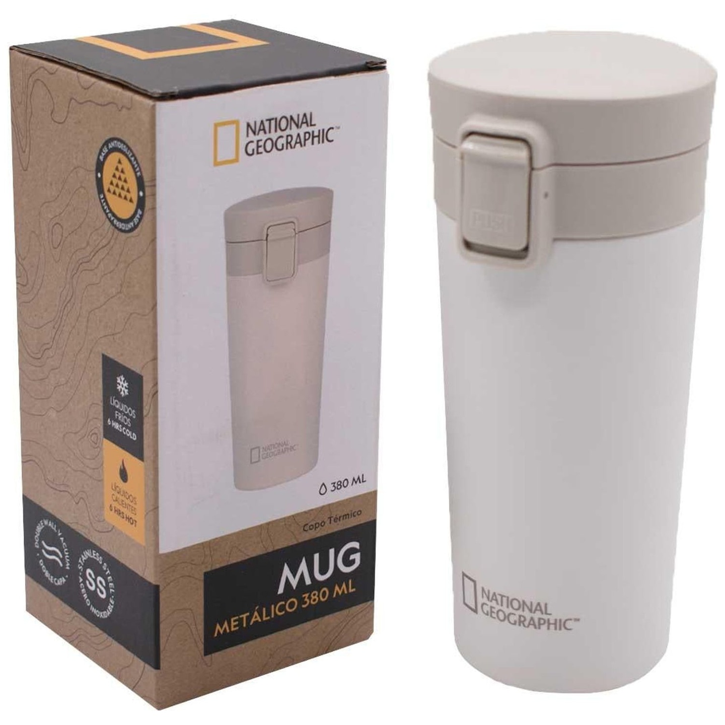 Mug Acero Inoxidable Tapa con Pulsador y Antideslizante 380ml